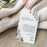 Blush Floral White Destination Weddenschap Welkom Cadeaulabel<br><div class="desc">Deze bloedige witte bestemmingsbruiloft is een welkome cadeaubon labels met een mooie chic-neutrale achtergrond van zwart of wit, met eenvoudige moderne typografie en elegante kalligrafie om een gesofisticeerde toon aan te geven voor elke soort gebeurtenis. Elk product is voorzien van prachtige blush roze rozen en perzik en ivoor hydrangeas, die...</div>