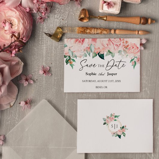 Blush Floral White Flat Save the Date Kaart
