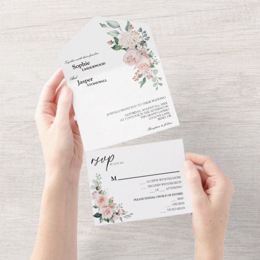 Blush Floral White in één bruiloft uitnodiging (Afscheurbaar)