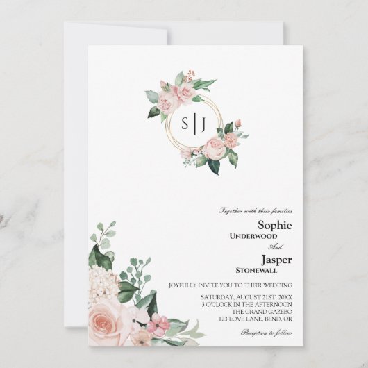 Blush Floral White Monogram in één bruiloft Kaart (Voorkant)