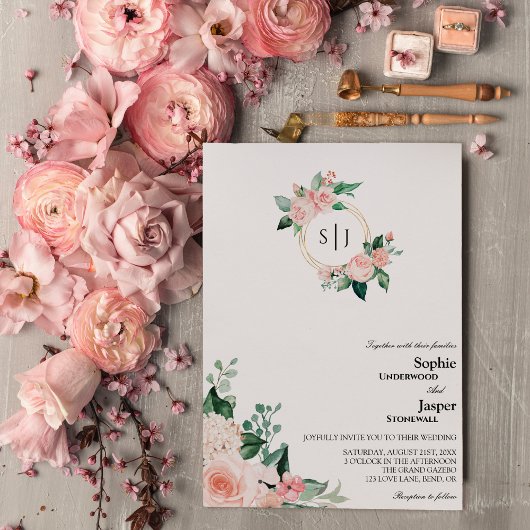 Blush Floral White Monogram Weddenschap Kaart