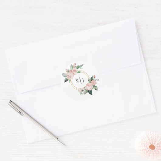 Blush Floral White Monogram Wedding Sticker (Envelop)