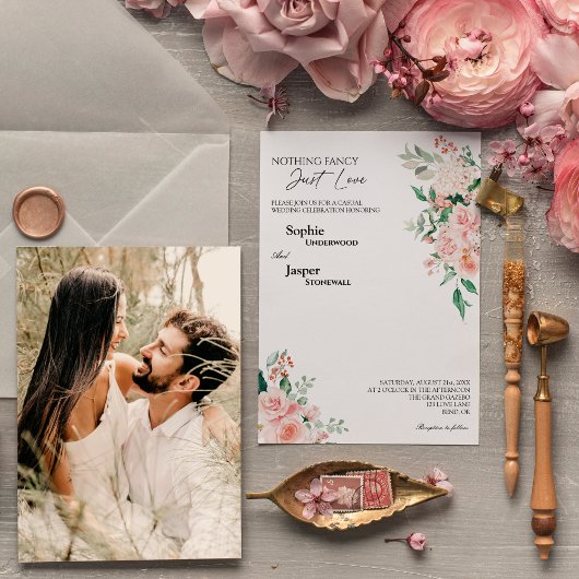 Blush Floral White Niets Fancy Photo Wedding Kaart