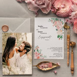 Blush Floral White Photo Engagement Party Kaart<br><div class="desc">Deze bloedige, witte foto verlovingspartijontwerp kenmerkt prachtige chic neutrale achtergronden van zwart of wit met eenvoudige moderne typografie en elegante kalligrafie om een verfijnde toon voor om het even welke stijl van gebeurtenis te plaatsen. Elk product is voorzien van prachtige blush roze rozen en perzik en ivoor hydrangeas, die voorzien...</div>