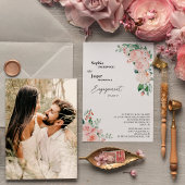 Blush Floral White Photo Engagement Party Kaart
