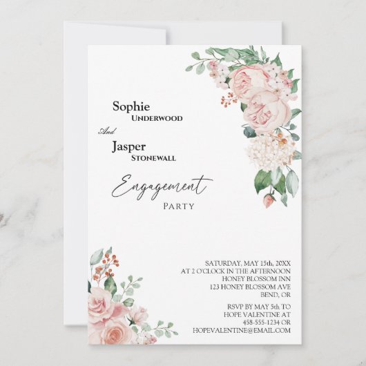 Blush Floral White Photo Engagement Party Kaart (Voorkant)