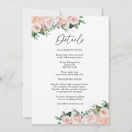 Blush Floral White Simple All-in-One bruiloft Kaart (Achterkant)