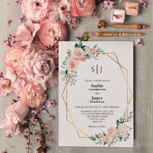 Blush Floral White Simple Monogram Weddenschap Kaart
