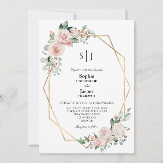 Blush Floral White Simple Monogram Weddenschap Kaart (Voorkant)