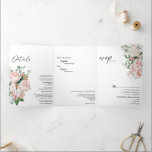 Blush Floral White Tri-Fold Wedding Invitation Drieluik Uitnodiging<br><div class="desc">Deze bloedige witte drieledige huwelijksuitnodiging is voorzien van een prachtige chic-neutrale achtergrond van zwart of wit met eenvoudige moderne typografie en elegante kalligrafie om een gesofisticeerde toon te stellen voor elke stijl van gebeurtenissen. Elk product is voorzien van prachtige blush roze rozen en perzik en ivoor hydrangeas, die voorzien zijn...</div>