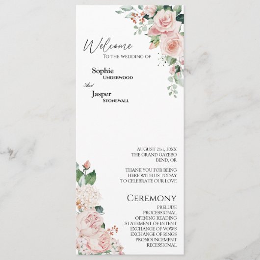 Blush Floral White Wedding Flat Program Programmakaart (Voorkant)
