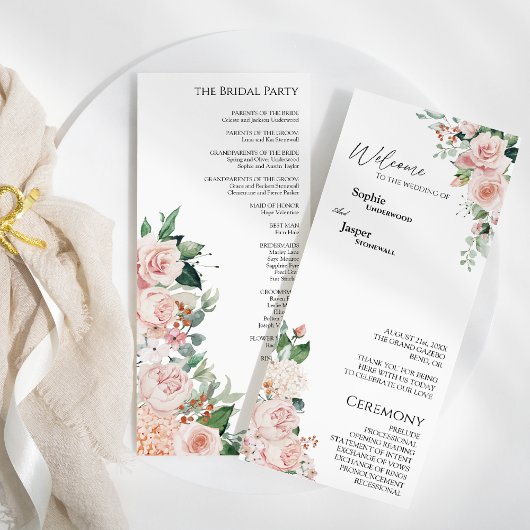 Blush Floral White Wedding Flat Program Programmakaart