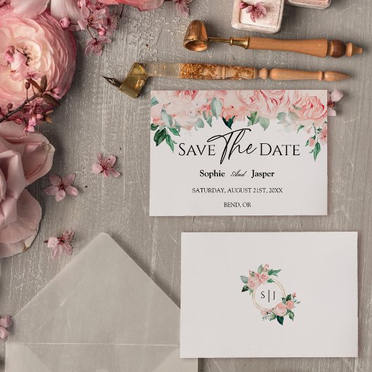 Blush Floral White Wedding Flat Save the Date