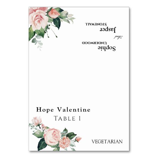 Blush Floral White Wedding Foldable Place Card Kaart (Voorkant)