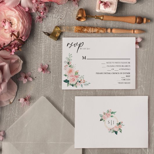 Blush Floral White Wedding Menu RSVP-kaart