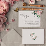 Blush Floral White Wedding well Informatiekaartje<br><div class="desc">Deze bloedige witte bruiloft die een mooi behuizingskaartontwerp wenst, biedt een prachtige, chic-neutrale achtergrond van zwart of wit met eenvoudige moderne typografie en elegante kalligrafie om een gesofisticeerde toon aan te geven voor elke stijl van gebeurtenissen. Elk product is voorzien van prachtige blush roze rozen en perzik en ivoor hydrangeas,...</div>