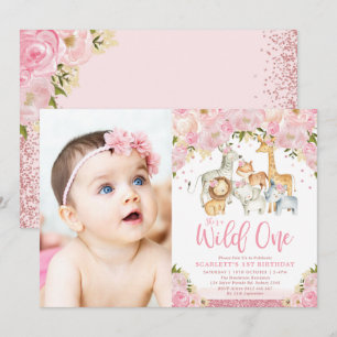 Blush Floral Wild Safari Animals Girl 1e verjaarda Kaart
