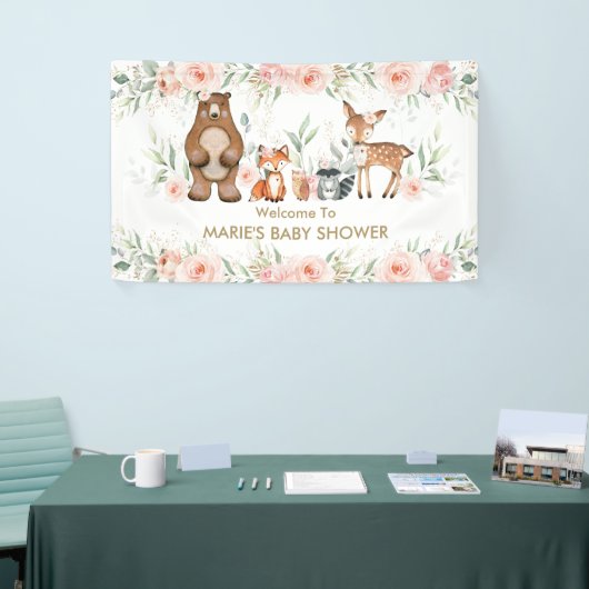 Blush Floral Woodland Animal Baby shower Achtergro Spandoek (Beurs)