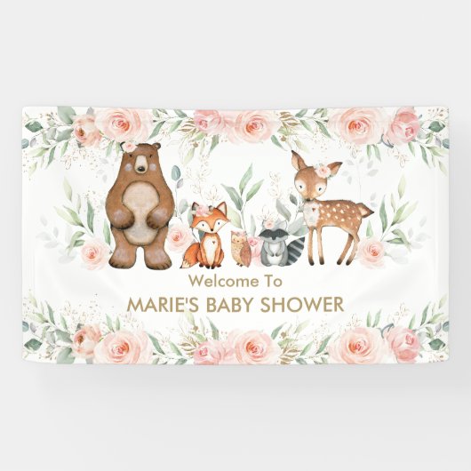 Blush Floral Woodland Animal Baby shower Achtergro Spandoek (Horizontaal)