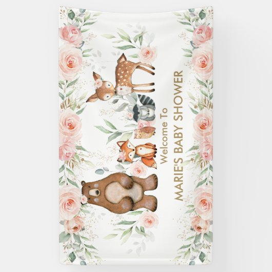 Blush Floral Woodland Animal Baby shower Achtergro Spandoek (Verticaal)