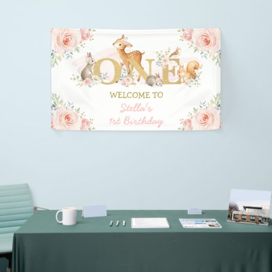 Blush Floral Woodland Animals 1e verjaardag Spandoek (Beurs)