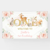 Blush Floral Woodland Animals 1e verjaardag Spandoek (Horizontaal)