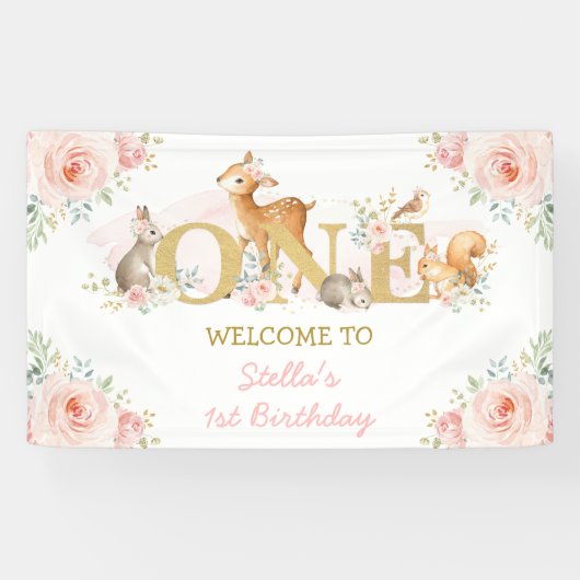 Blush Floral Woodland Animals 1e verjaardag Spandoek (Horizontaal)