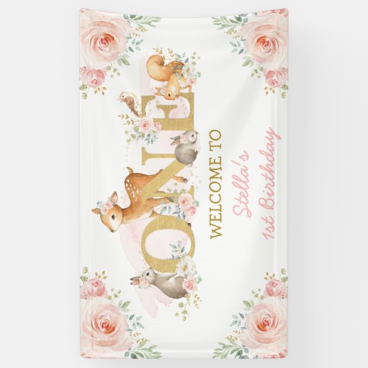 Blush Floral Woodland Animals 1e verjaardag Spandoek (Verticaal)