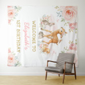 Blush Floral Woodland Animals 1e verjaardag Wandkleed (In Situ (horizontaal))