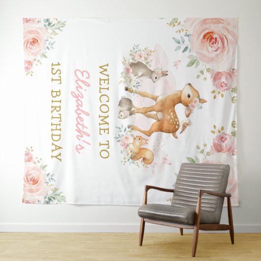 Blush Floral Woodland Animals 1e verjaardag Wandkleed (In Situ (horizontaal))