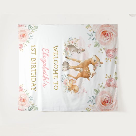 Blush Floral Woodland Animals 1e verjaardag Wandkleed (Voorkant (horizontaal))