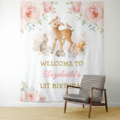 Blush Floral Woodland Animals 1e verjaardag Wandkleed (In situ)