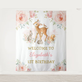 Blush Floral Woodland Animals 1e verjaardag Wandkleed