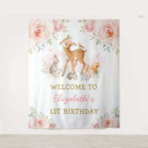 Blush Floral Woodland Animals 1e verjaardag Wandkleed