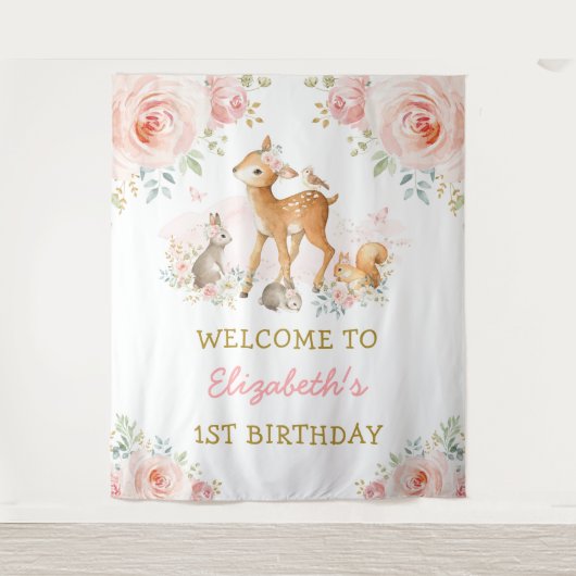 Blush Floral Woodland Animals 1e verjaardag Wandkleed (Voorkant)
