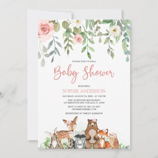 Blush Floral Woodland Animals Girl Baby shower Kaart (Voorkant)