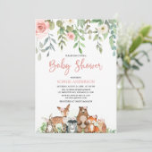 Blush Floral Woodland Animals Girl Baby shower Kaart (Staand voorkant)
