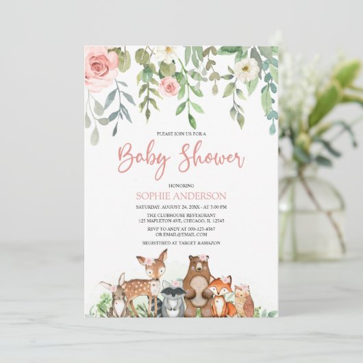 Blush Floral Woodland Animals Girl Baby shower Kaart (Staand voorkant)