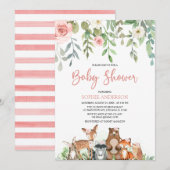 Blush Floral Woodland Animals Girl Baby shower Kaart (Voorkant / Achterkant)