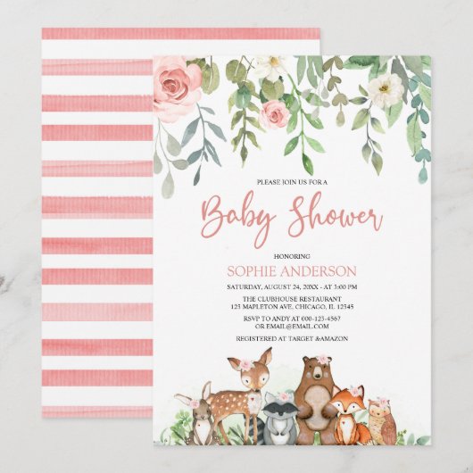 Blush Floral Woodland Animals Girl Baby shower Kaart (Voorkant / Achterkant)