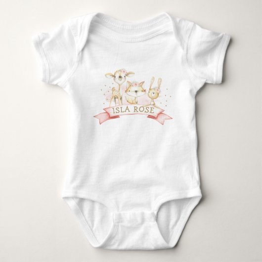 Blush Floral Woodland Animals Girl Custom Name Romper (Voorkant)