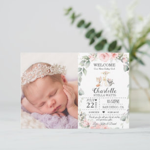 Blush Floral Woodland Animals New Baby Photo Birth Aankondiging