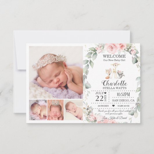 Blush Floral Woodland Animals New Baby Photo Birth Aankondiging (Voorkant)