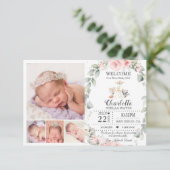 Blush Floral Woodland Animals New Baby Photo Birth Aankondiging (Staand voorkant)