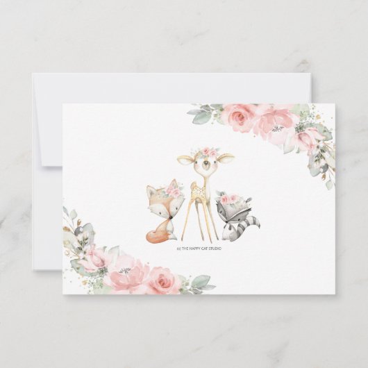 Blush Floral Woodland Animals New Baby Photo Birth Aankondiging (Achterkant)