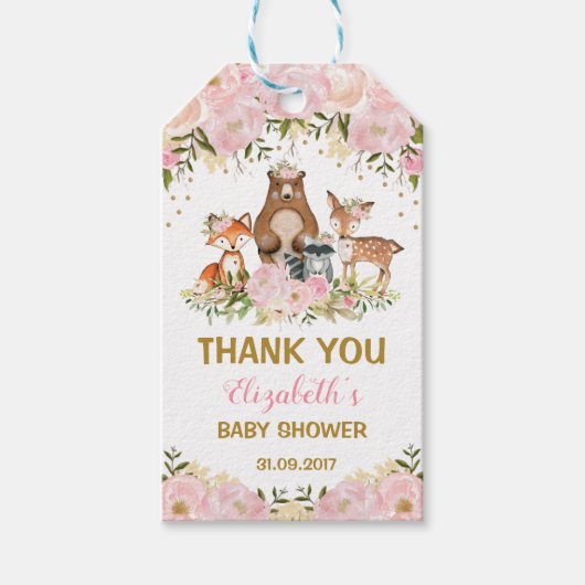 Blush Floral Woodland Animals Verjaardag Baby show Cadeaulabel (Voorkant)