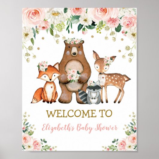 Blush Floral Woodland Baby shower Birthday Welcome Poster (Voorkant)