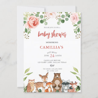 Blush Floral Woodland Girl Baby shower Kaart