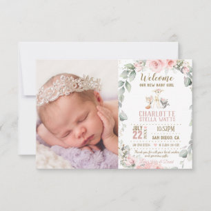 Blush Floral Woodland New Baby Girl Foto geboorted Aankondiging