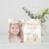 Blush Floral Woodland Wild Animals 1e verjaardag Bedankkaart (Staand voorkant)